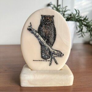 Montana Marble Inc Wildlife  Art Owl 🦉 Etched Plaque 1991 W/ Stand
